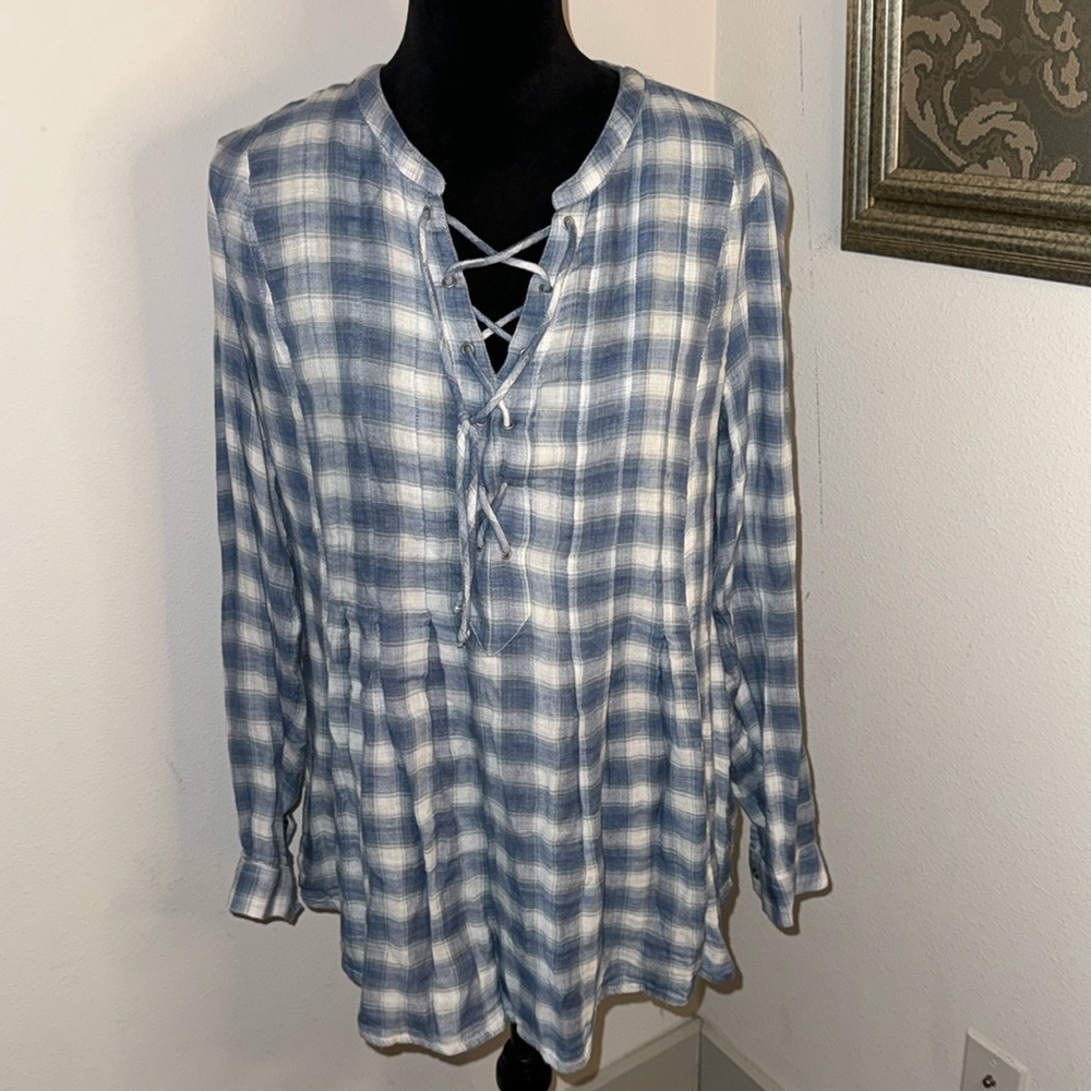 Vintage American cotton blend‎ plaid lace up front long sleeves pleated tunic L